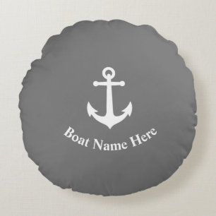Your Boat Name With Vintage Anchor On Gray Round Cushion
