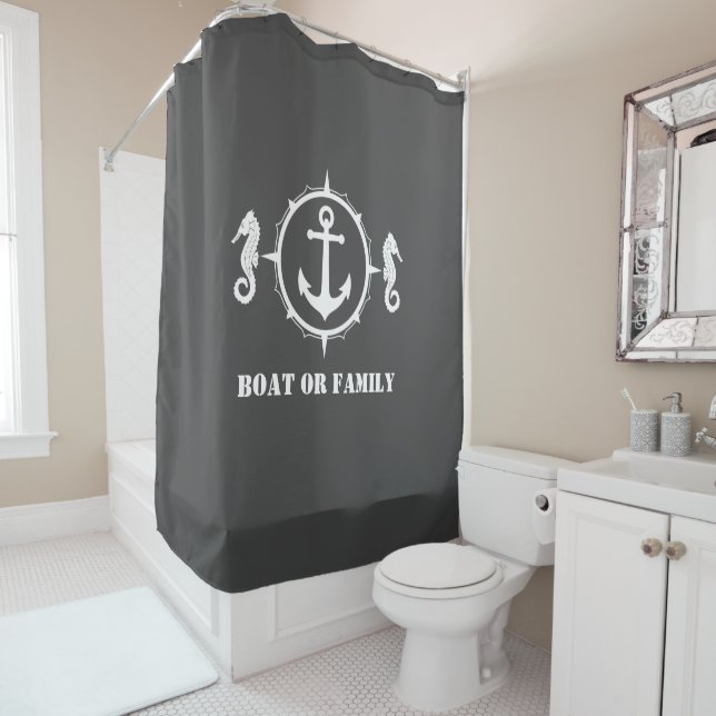 Your Boat or Family Name Seahorse Anchor Sea Gray Shower Curtain (In Situ)