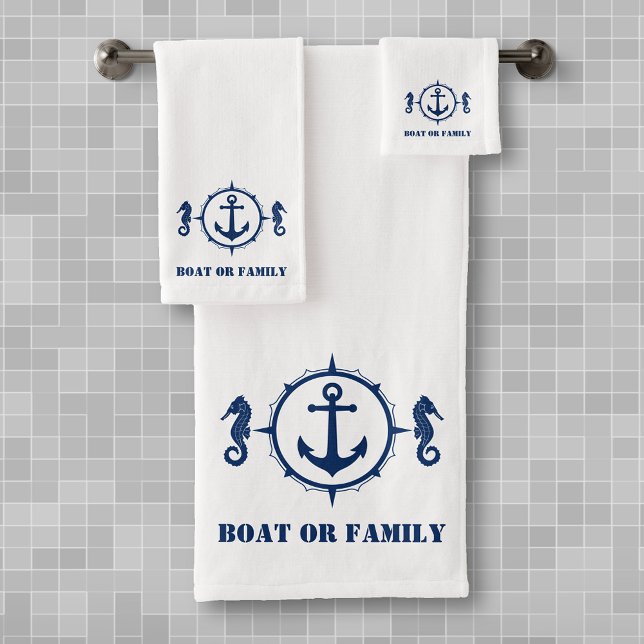 Your Boat or Family Name Seahorse Anchor White Bath Towel Set (Creator Uploaded)