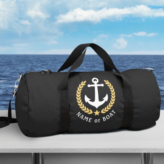Your Boat or Name Anchor Gold Laurel Star Black Duffle Bag (Creator Uploaded)