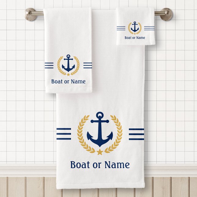 Your Boat or Name Anchor Gold Laurel Stripes White Bath Towel Set (Creator Uploaded)