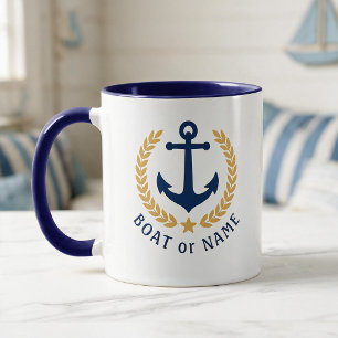 Your Boat or Name Anchor Gold Style Laurel Blue Mug