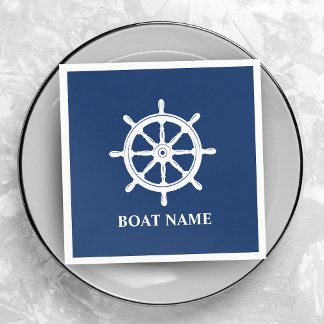 Your Boat or Name Ships Wheel Helm Navy Blue Napkin