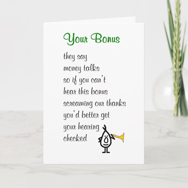Your Bonus - a funny poem about your bonus Thank You Card (Front)