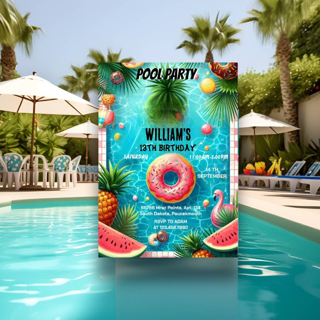 your boy water blue Cool Pool Party 13th Birthday Invitation (Creator Uploaded)