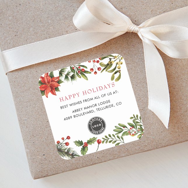 Your Business Logo Christmas Red Berries Square Sticker (Business Logo Botanical Red Berries Happy Holidays Christmas Square Sticker)