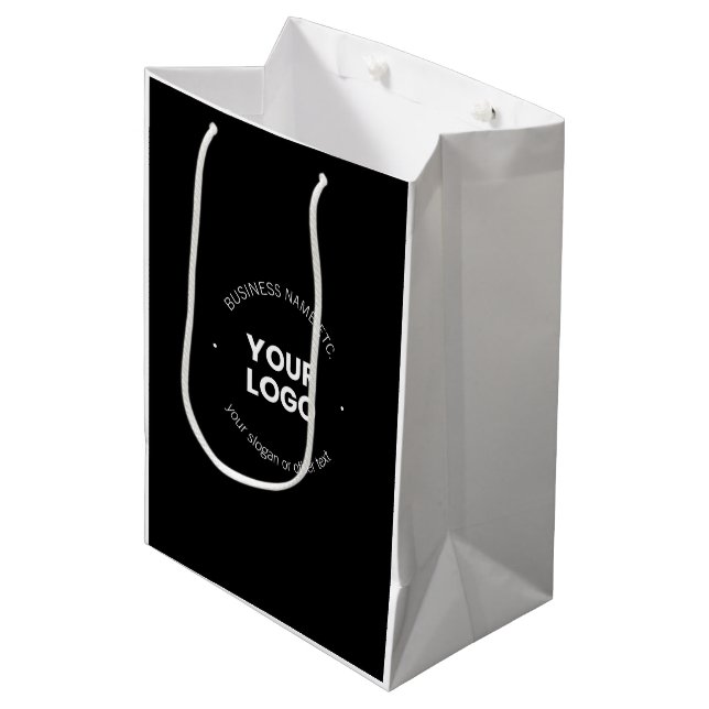 Your Business Logo & Editable Text | Black & White Medium Gift Bag (Front Angled)