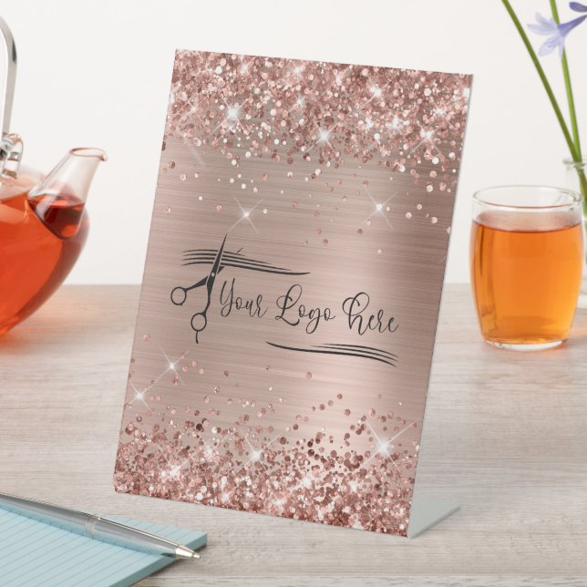 Your Business Logo Glittery Rose Gold Glam Pedestal Sign (In SItu)