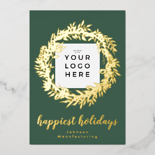 Your Business Logo Happiest Holidays Frame Wreath Foil Holiday Card