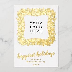 Your Business Logo Happiest Holidays Frame Wreath Foil Holiday Card