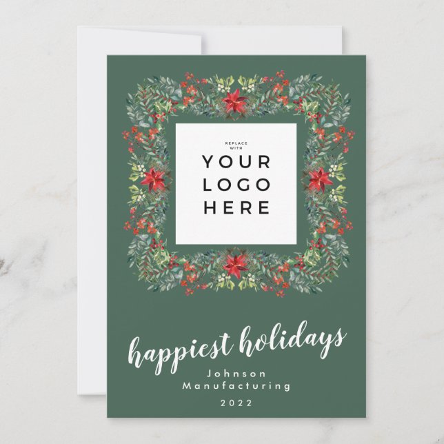 Your Business Logo Happiest Holidays Frame Wreath Holiday Card (Front)