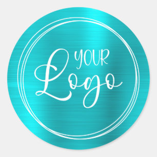 Your Business Logo Here Metallic Aqua Blue Classic Round Sticker