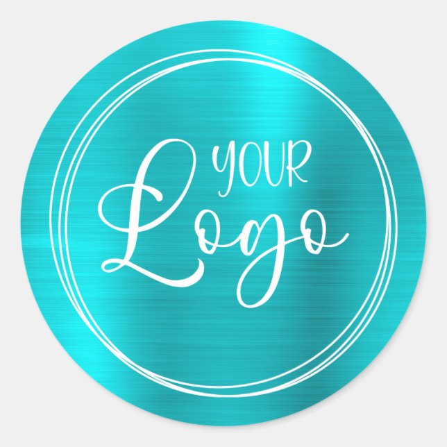 Your Business Logo Here Metallic Aqua Blue Classic Round Sticker (Front)