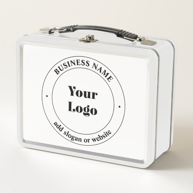 Your Business Logo & Promotional Text | White Metal Lunch Box (Front)
