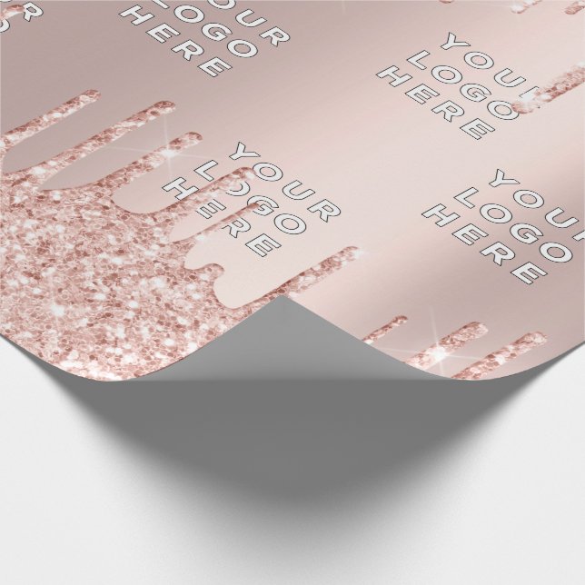 Your Business Logo Rose Gold Glitter Drips Wrapping Paper (Corner)