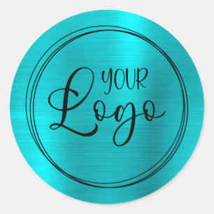 Your Business Logo Turquoise Blue Metallic Classic Round Sticker