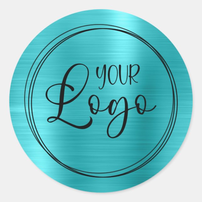 Your Business Logo Turquoise Blue Metallic Classic Round Sticker (Front)