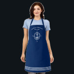 Your Captain and Boat Name Anchor Compass Navy Apron<br><div class="desc">A stylish nautical themed apron with captain or other personal title, your personalised name, boat name or other desired text. Features a custom designed anchor and compass in white on navy blue with white stripes. Easily customise the apron colour to match your current decor. Cook, bake and BBQ in Style....</div>