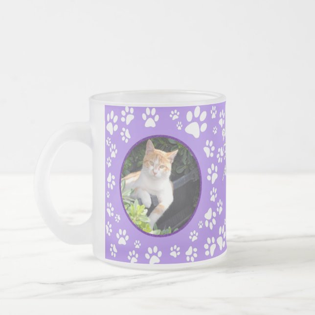 Your Cat Memorial Photos Paw Prints Purple Frosted Glass Coffee Mug (Left)
