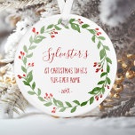 Your Cat Photo 1st Christmas Watercolor Wreath Ornament<br><div class="desc">Celebrate your cat's first Christmas in his or her "fur-ever" home with this cute ornament featuring a festive watercolor wreath of red berries and green leaves. On one side, easily replace the sample image with a favourite photo of your cat. Customise the other side with your cat's name in red...</div>