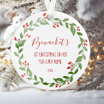 Your Cat Photo Watercolor Wreath 1st Christmas Ornament<br><div class="desc">Celebrate your cat's first Christmas in his or her "fur-ever" home with this cute ornament featuring a festive watercolor wreath of red berries and green leaves. On one side, easily replace the sample image with a favorite photo of your cat. Customize the other side with your cat's name in red...</div>