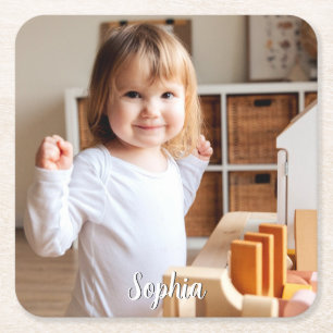 Your Child's Photo & Script Name Square Paper Coaster