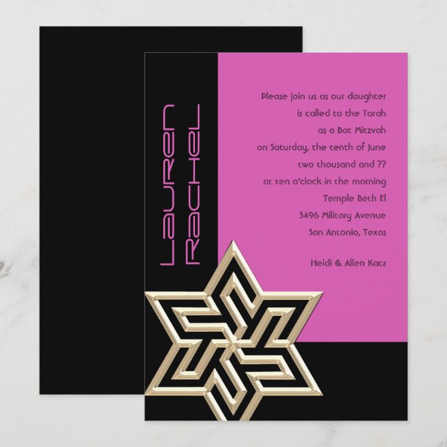 Your Colours Bat Mitzvah Large Gold Star of David Invitation (Front/Back)