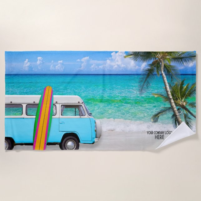 Your Company Logo Beach Blue Van & Surfboard Beach Beach Towel (Front)