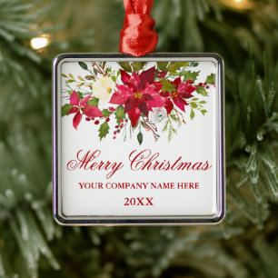 Your Company Watercolor Red Poinsettia Floral Metal Tree Decoration
