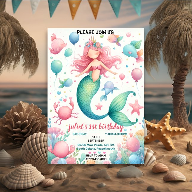 your cool fish sea blue mermaid ocean 1st Birthday Invitation (Creator Uploaded)