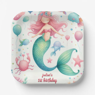 your cool fish sea blue mermaid ocean 1st Birthday Paper Plate