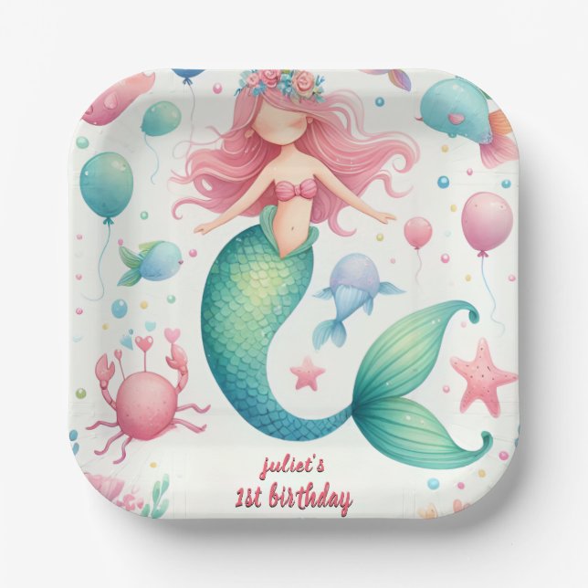 your cool fish sea blue mermaid ocean 1st Birthday Paper Plate (Front)