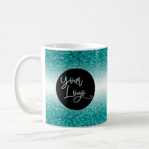 Your Corporate Logo, Teal Glitter and Black Ombre Coffee Mug