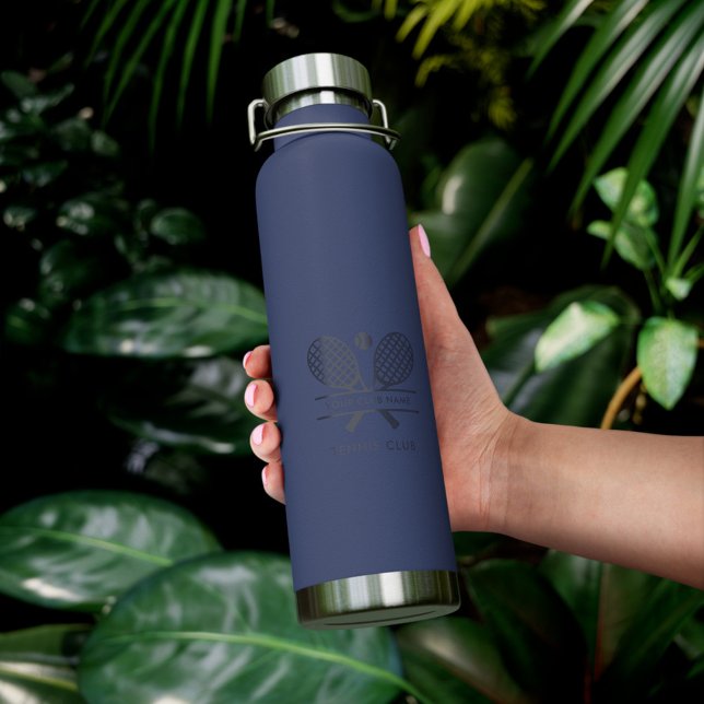 Your Country Club Name Navy Blue Logo Tennis Team Water Bottle (Tennis Country Club Navy Blue Rackets Motif Water Bottle)