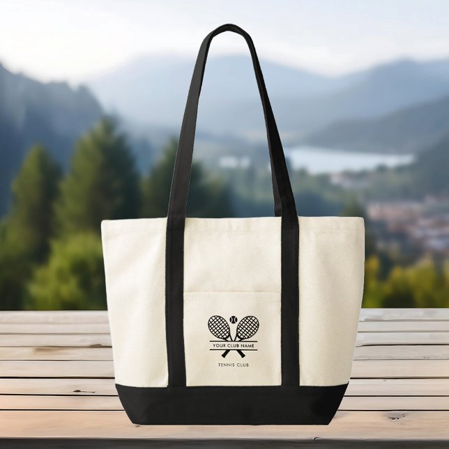 Your Country Club Name Tennis Team Swag Tote Bag (Lawn Tennis Club Name Black Rackets Motif Tote Bag)