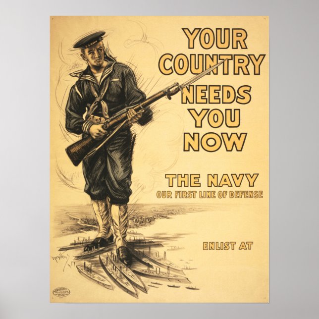 Your Country Needs You Now! Enlist The Navy US War Poster (Front)