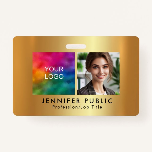 Your Custom Employee Photo Logo Gold Template ID Badge (Front)