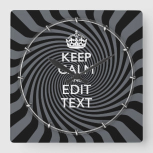 Your Custom Keep Calm Saying on Black Swirl Square Wall Clock