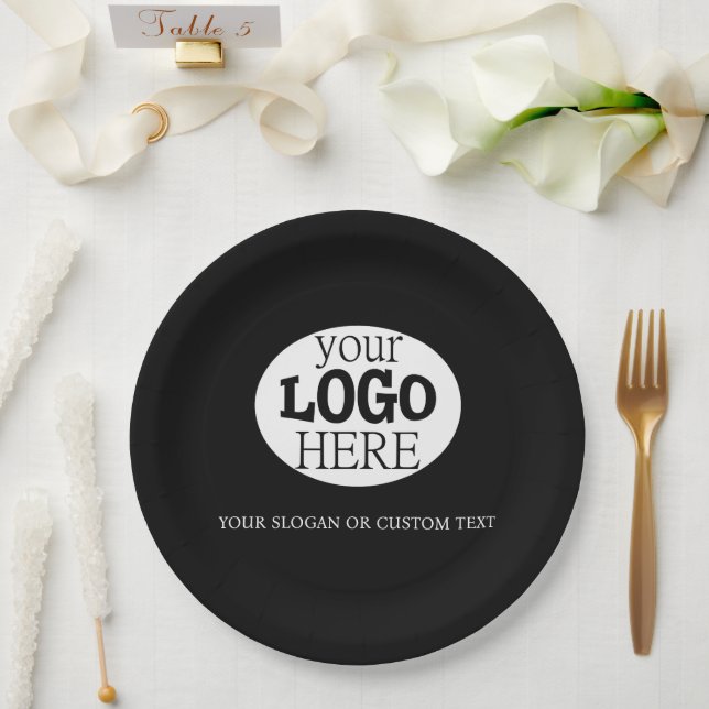 Your Custom Logo and Text on Black Paper Plate (Wedding)
