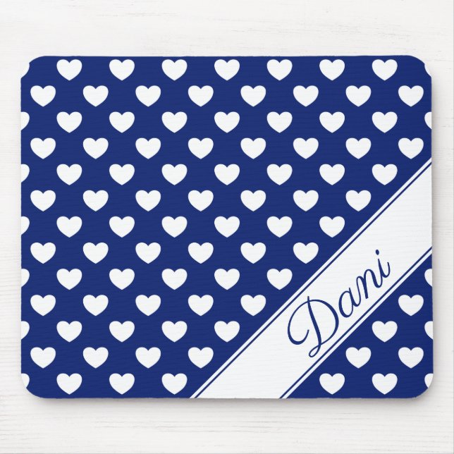 Your Custom Name Dark Blue And White Hearts Mouse Mat (Front)