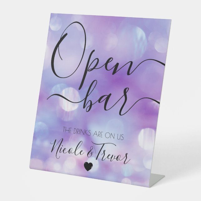 Your Custom Names - Calligraphy Bokeh Open Bar Pedestal Sign (Front)