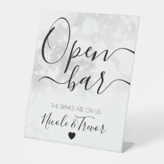 Your Custom Names Calligraphy White Bokeh Open Bar Pedestal Sign