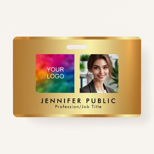 Your Custom Photo Company Logo Name Gold Template ID Badge (Front)