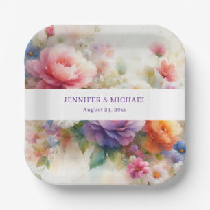 Your Custom Text Elegant Watercolor Flowers Art Paper Plate
