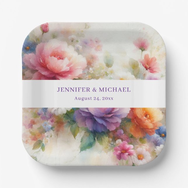 Your Custom Text Elegant Watercolor Flowers Art Paper Plate (Front)
