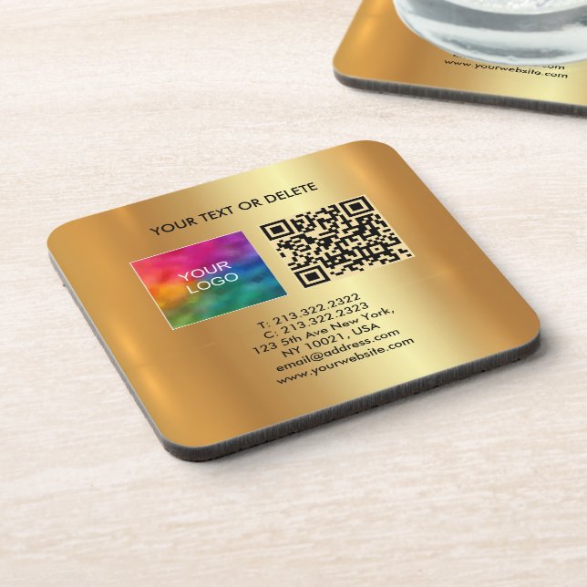Your Custom Text Logo QR Code Template Black Gold Coaster (Left Side)