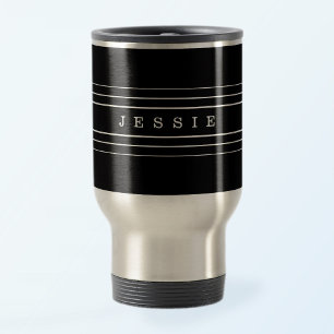 Your Custom Text & Modern Stripes Black Travel Mug