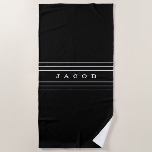 Your Custom Text & Modern Stripes Black & White Beach Towel