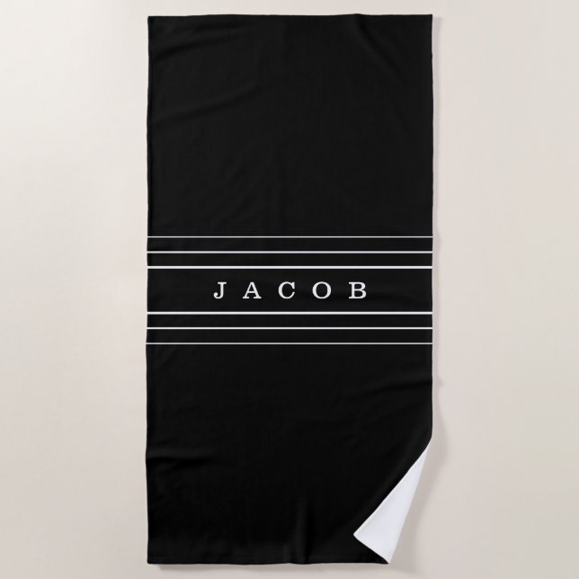 Your Custom Text & Modern Stripes | Black & White Beach Towel (Front)