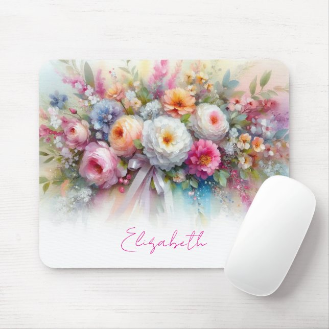 Your Custom Text Name Elegant Aquarell Flowers Art Mouse Mat (With Mouse)